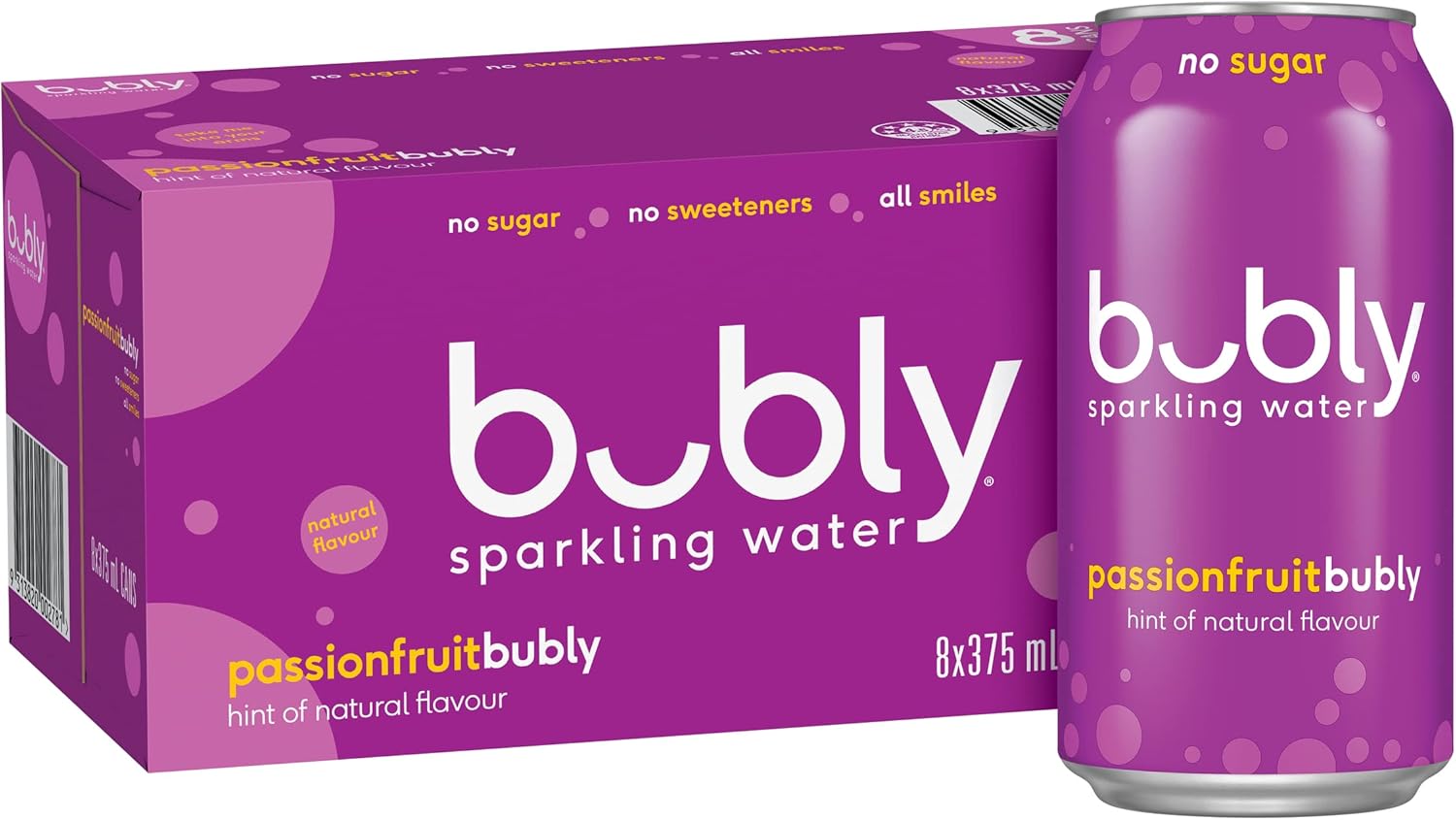 Bubly Passionfruit Flavoured Sparkling Water Can 375 ml (Pack of 8