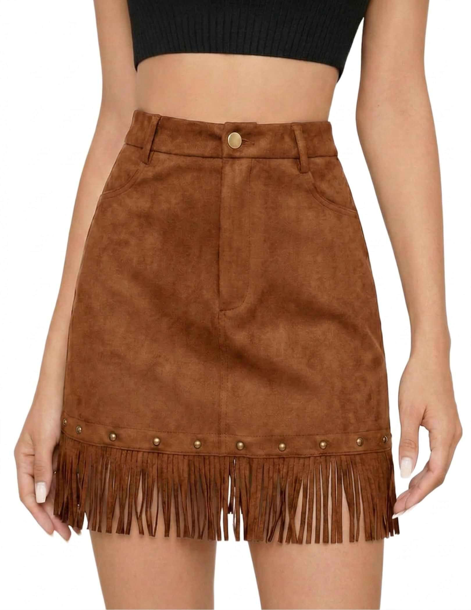 DERAX Womens Faux Suede Fringe Mini Skirt with Pockets Tassel Western Skirt 2026 Fall Skirt, High Waisted Short Skirt, A-Line, Elastic Waist, Cowgirl, Spring, Winter, Country, Casual, Flowy