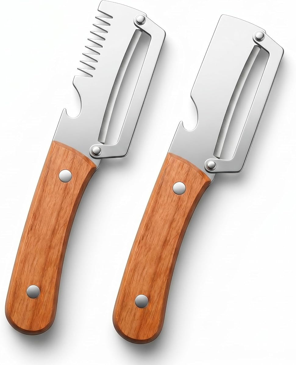 Pelador de verduras de 2 piezas con mango de madera, cortador de verduras multifuncional de acero inoxidable sin olor, herramienta de cocina 2 en 1 y 3 en 1 con trituradora de cebollino y abridor de botellas para cocinar y acampar