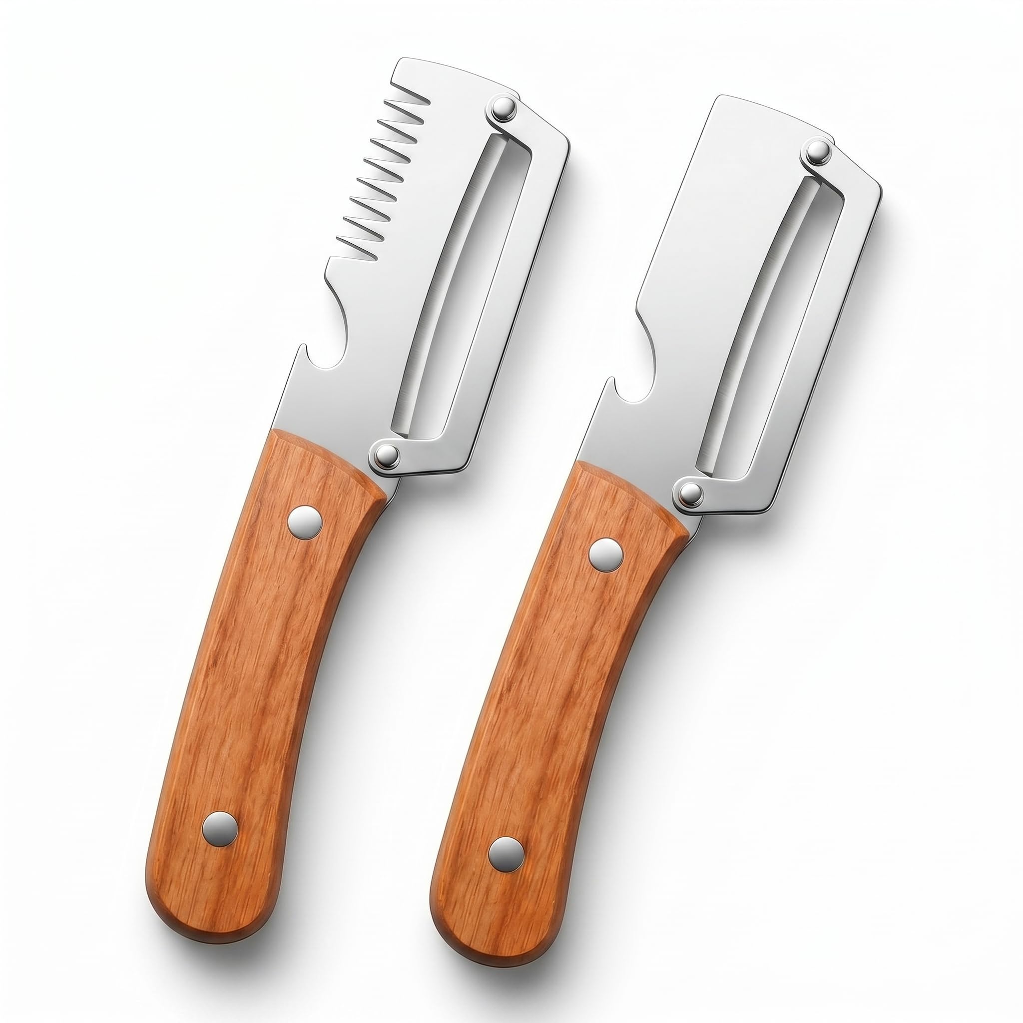 2Pcs Vegetable Peeler with Wooden Handle, Odor-Free Stainless Steel Multi Functional Vegetable Cutter, 2-in-1 and 3-in-1 Kitchen Tool with Scallion Shredder and Bottle Opener for Cooking and Camping-image-19