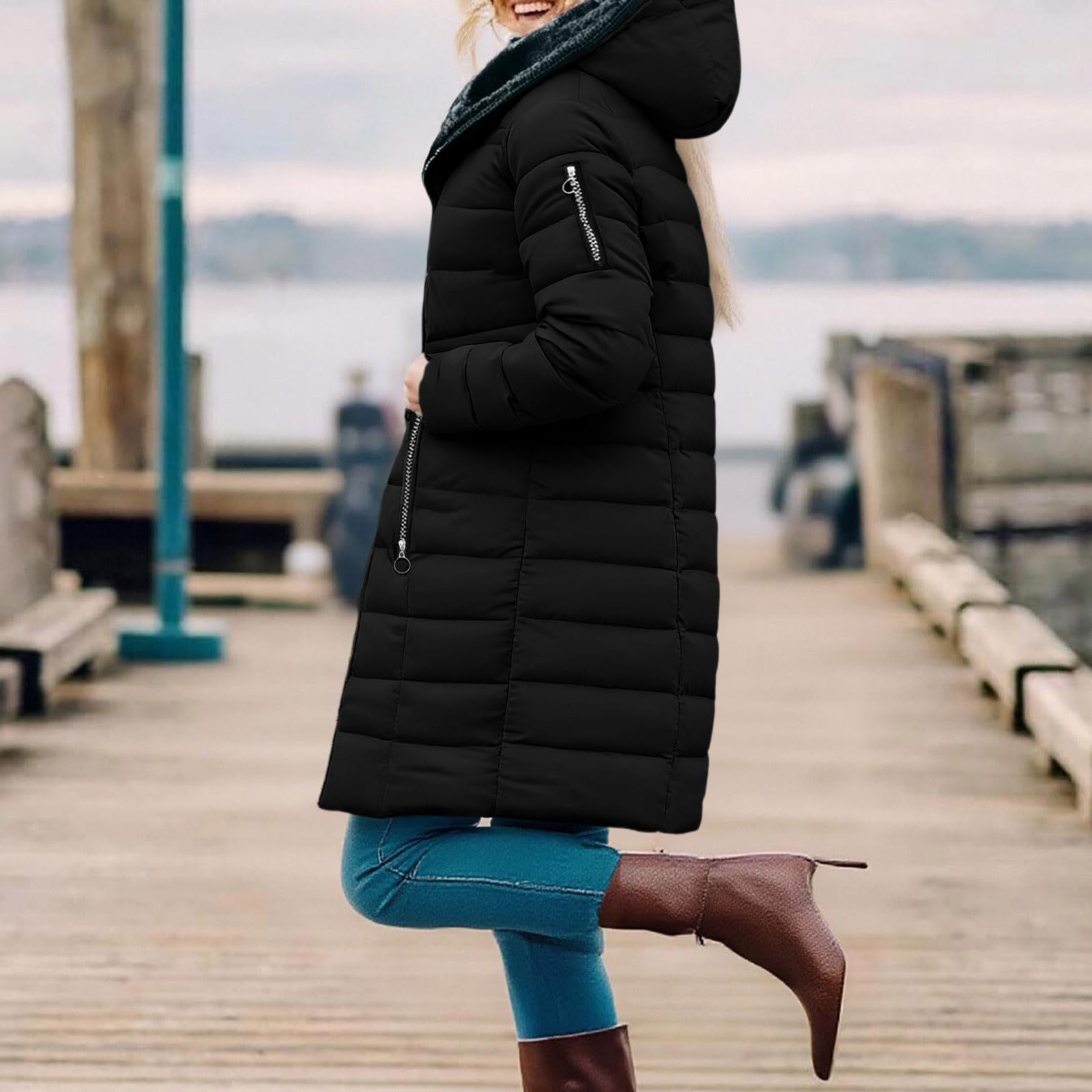 Generico Cappotto Donna Invernale Lungo Giacca Imbottita in Cotone Parka Giubbotto con Cappuccio Giacca Casual Calda Piumino Leggero Impermeabile Cappotti Pile Antivento Jacket