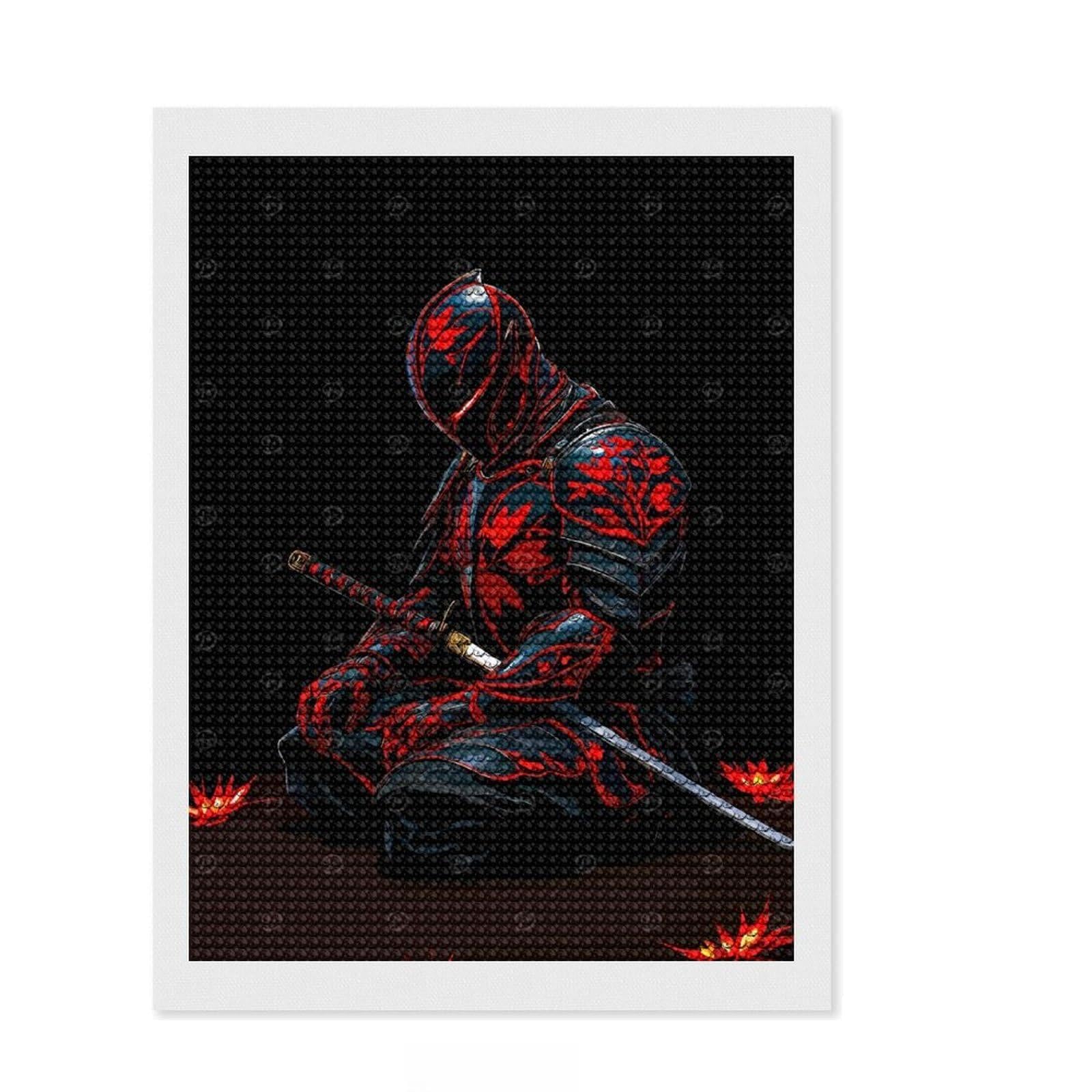Junmoney Red and Black Armored Ninja Diamond Painting Set 12"x16", Stress Relief Craft, Satisfying Creative Project, Modern Decor, Holiday Gift Idea