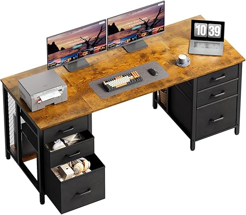 ODK Escritorio de oficina de 63 pulgadas con 6 cajones de tela, escritorio grande para computadora para oficina en casa con estantes de