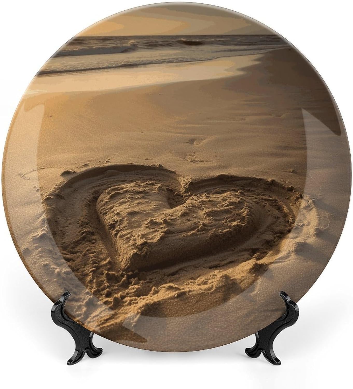 Hearts Drawn on The Beach Decorative Plates for Display Round Porcelain Plate Living Room Table Ceramic Hanging Decorative Plate Art Decor for Living Room Table with 1 Display Stand 10inch