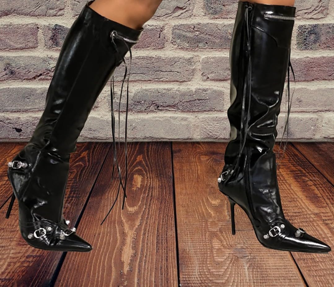 Liliana Womem Knee High Boots Pointed Toe Stiletto Heels Side Zipper Rivets Tassels Boots Bexie-3