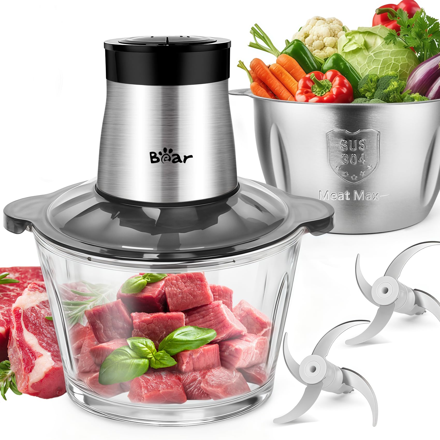 Bear Electric Food Processor & Chopper, 2L+1.8L, 600W, Black
