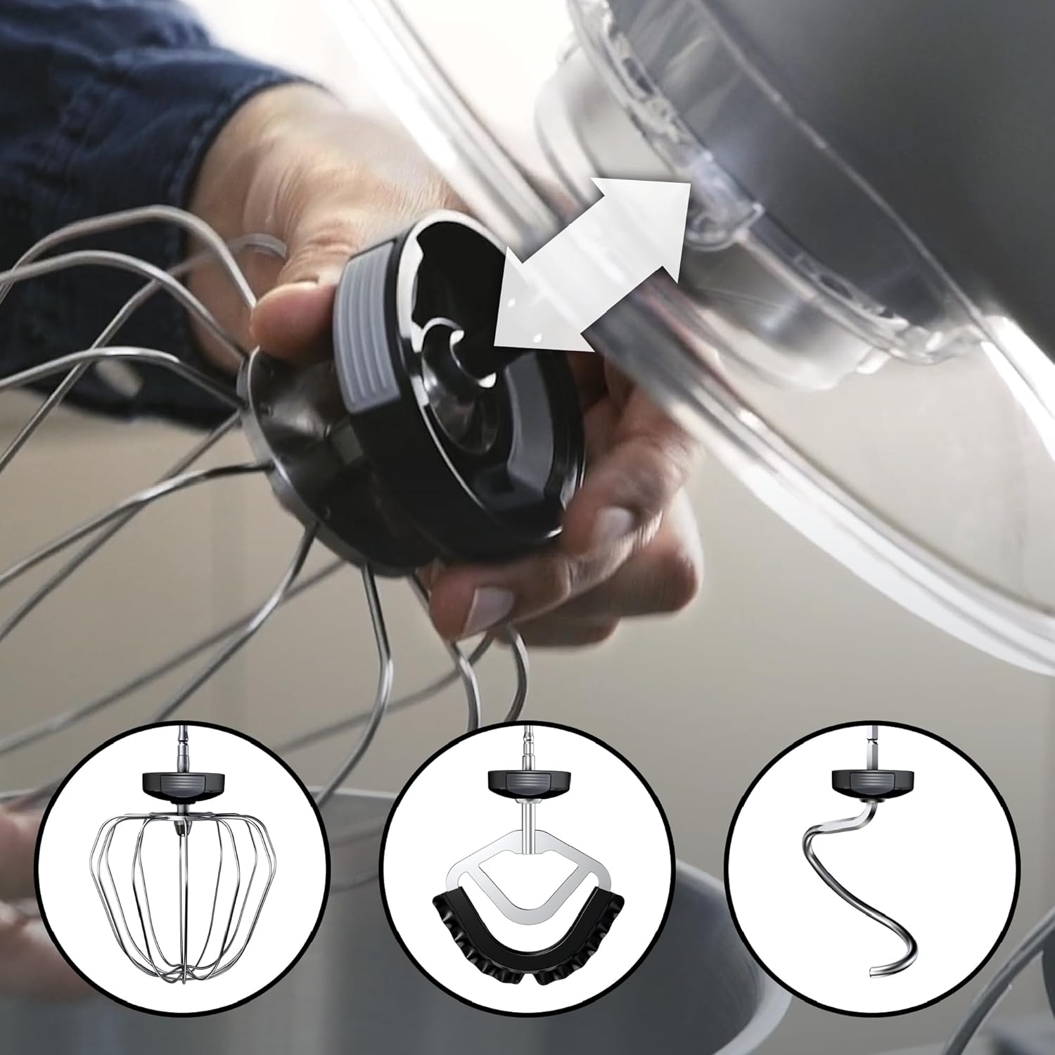 Close-up of a hand attaching a whisk to the Bosch OptiMUM food processor, with illustrations of the whisk, stirring paddle, and kneading hook below.