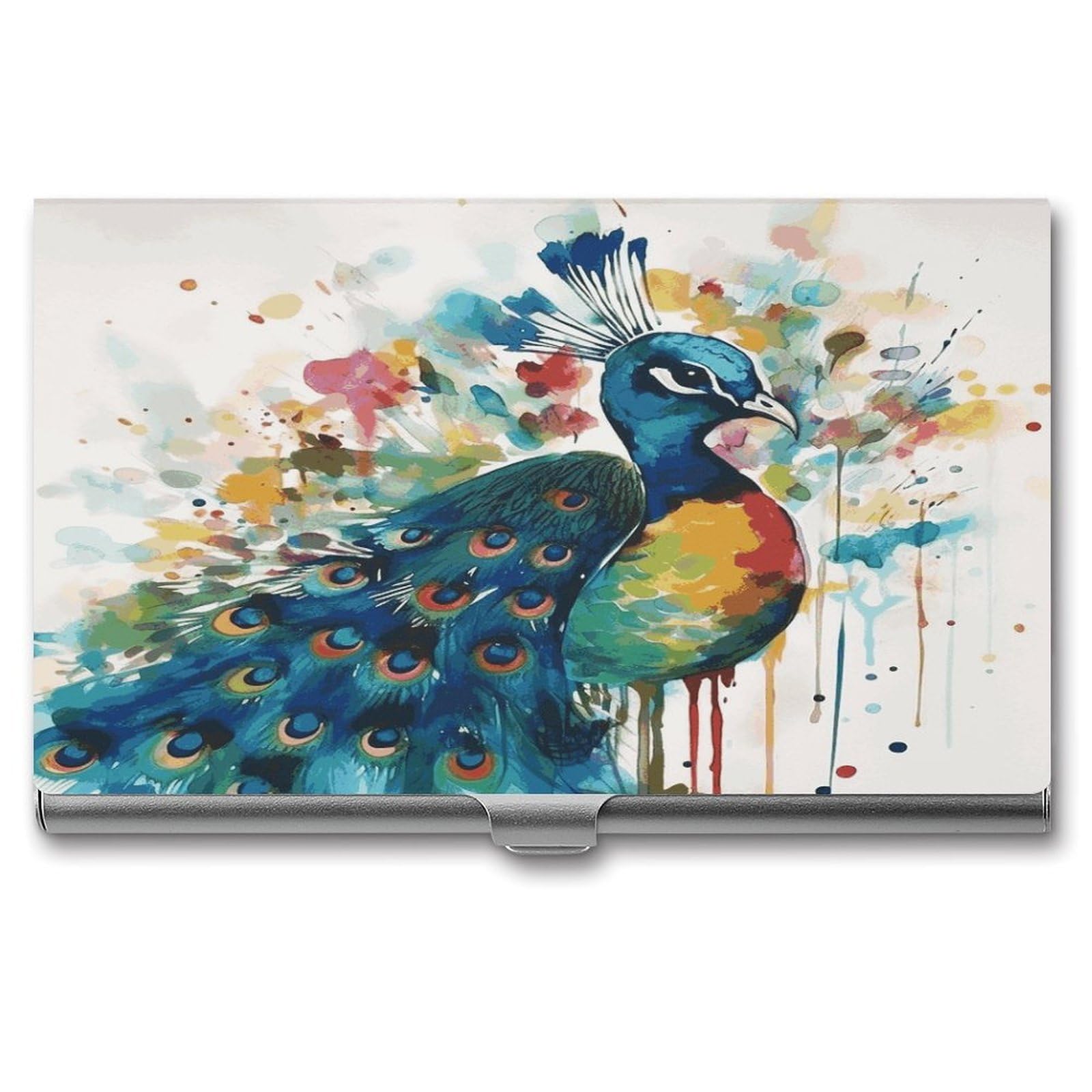 JTREHY Watercolor Peacock Business Card Holder Slim Purse Name Card Holder Portable Metal Business Card Case Wallet Large Capacity Lightweight Business Card Case for Men Women