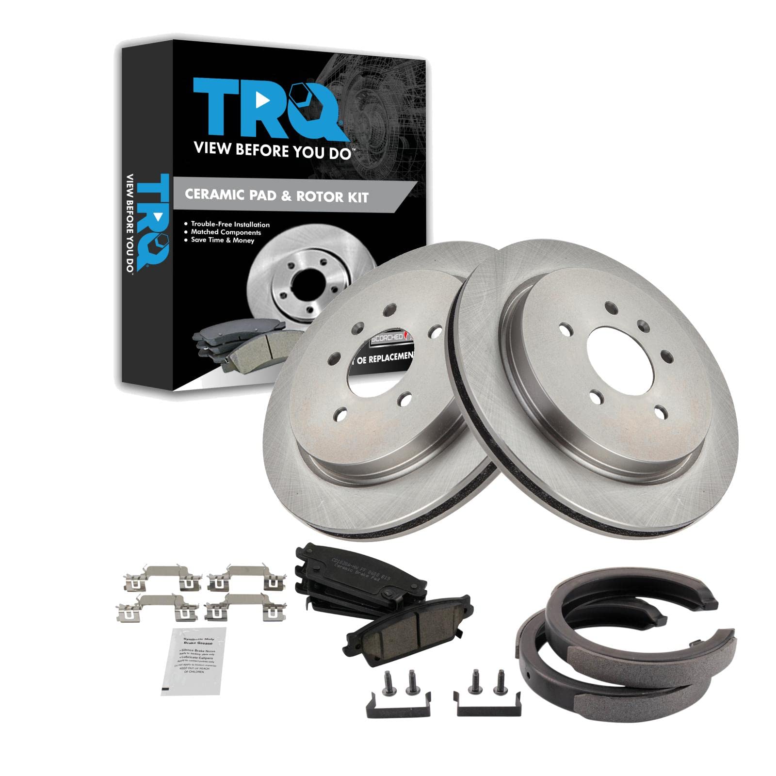 TRQ Rear Brake Pad and Rotor Set Ceramic Parking Brake Shoe Compatible with Code JE5 JL9 2005-2008 Cadillac STS