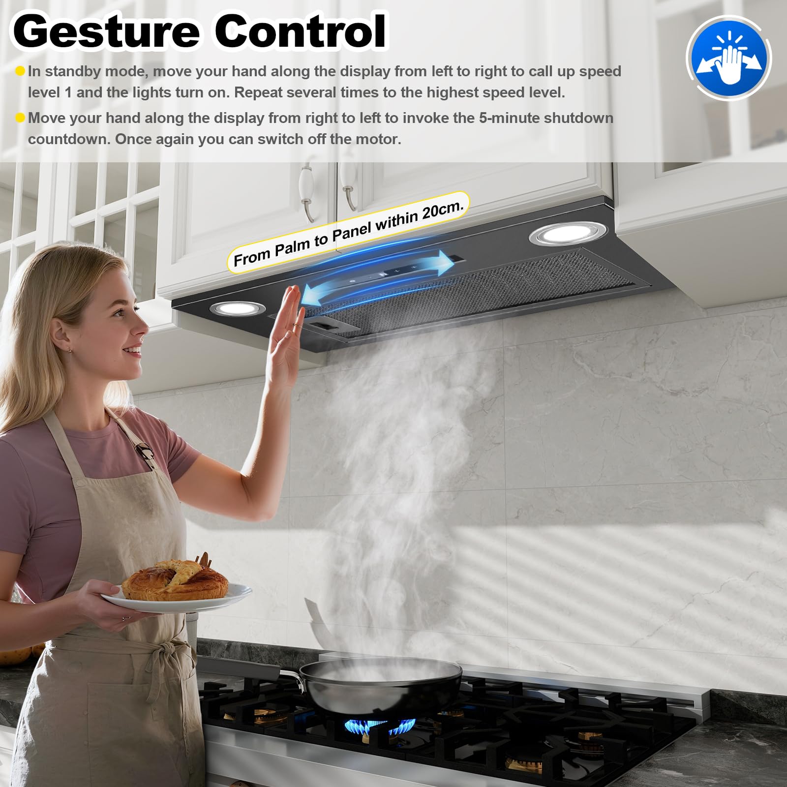 Cappa da incasso 52 cm, 400 m³/h, Nero Cappa da cucina, Comandi Gesto, Tocco, 3 velocità e Booster, Illuminazione a LED, Evacuazione dei condotti e ricircolo con filtro carbone attivo