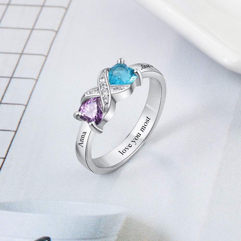 Personalized Mothers Day Gift Promise Ring for Mom with 2 Birthstones Engraved Name Engagement Rings for Women Custom Mother Daughter Ring for Mom Grandma