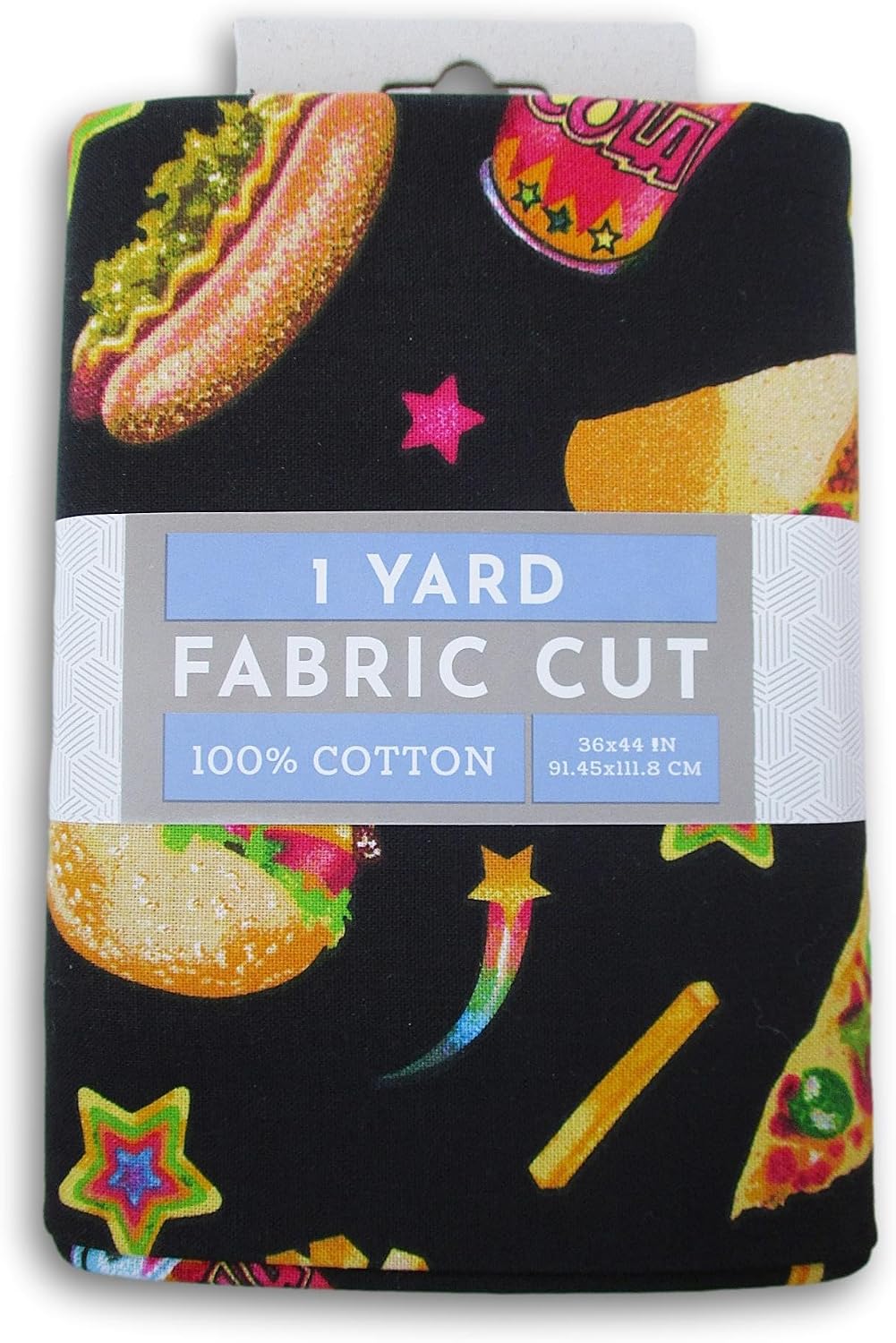 Pre-Cut 100% Cotton Fabric Sewing Project Piece, 44 Inches W X 1 Yard (Fast Food on Black)