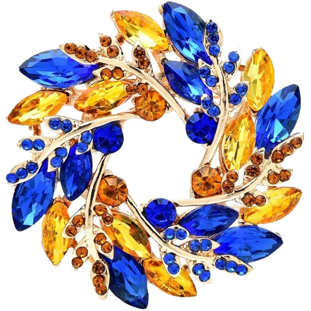Uzztfa Women's Blue+Yellow Rhinestone Ukrainian Wreath Brooch Pin For Men Ukrainian Blue And Yellow Wheat Ear Brooch Dress Suit Pin Accessories Party Banquet Gift