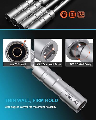 Miniatura 4 de Enchufe de bujía giratorio de 0.551 in 38 "Drive mejorado magnético 12 puntos 916" enchufe de pared delgada herramienta de extracción de bujías Cr-v