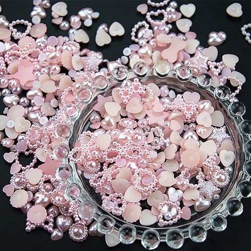 500Pcs Pink Pearls Heart Star Bowknots Nail Charms Mixed Styles Flatback Assorted Cute Pink Pearls Charms Multi Sizes Round Pearls Beads 3D Nail Art Charms For Nail Art Diy Crafts Accessories #TOP12