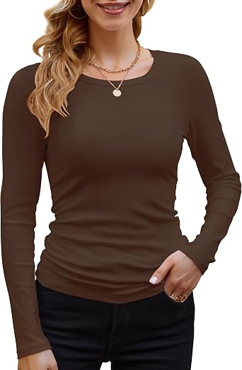 GEMBERA Womens Ribbed Long Sleeve Crewneck Casual Slim Basic Shirts Fitted Knit Tops