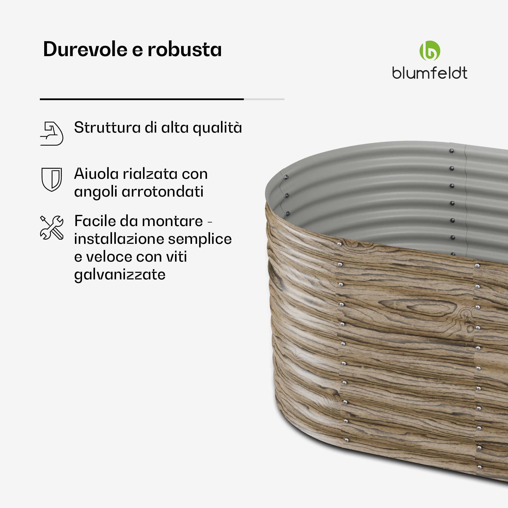 blumfeldt High Grow - Aiuola Rialzata da 1.169L, Fioriera Ovale in Acciaio Zincato Resistente alle Intemperie, Design Ergonomico & Facile Montaggio, Look Effetto Legno per Esterno