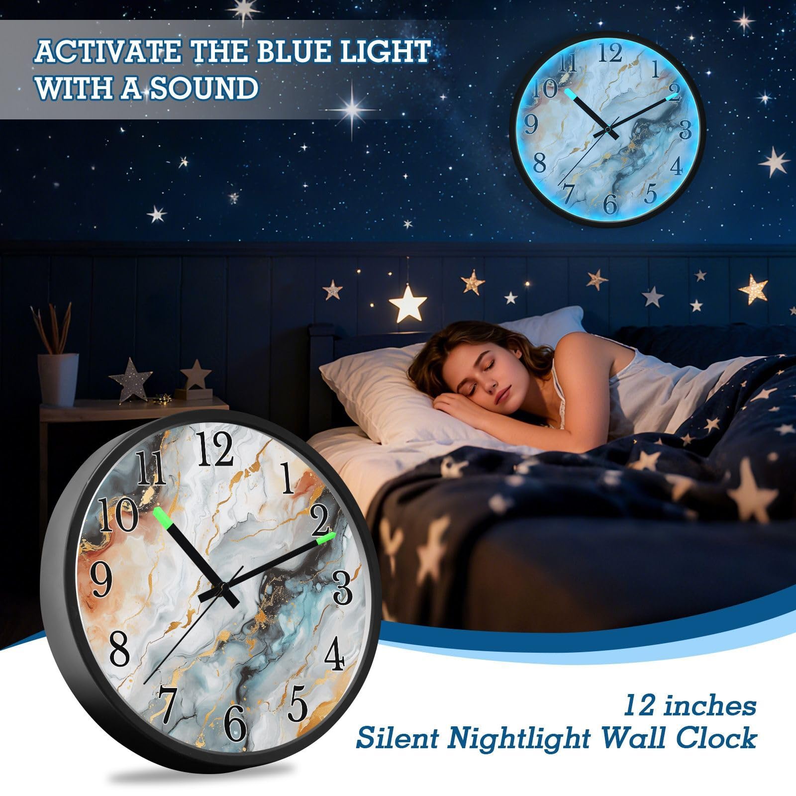 Mnsruu Reloj de pared luminoso 4234 de mármol, reloj de pared que brilla en la oscuridad, funciona con pilas, silencioso, sin tictac, luz nocturna para dormitorio