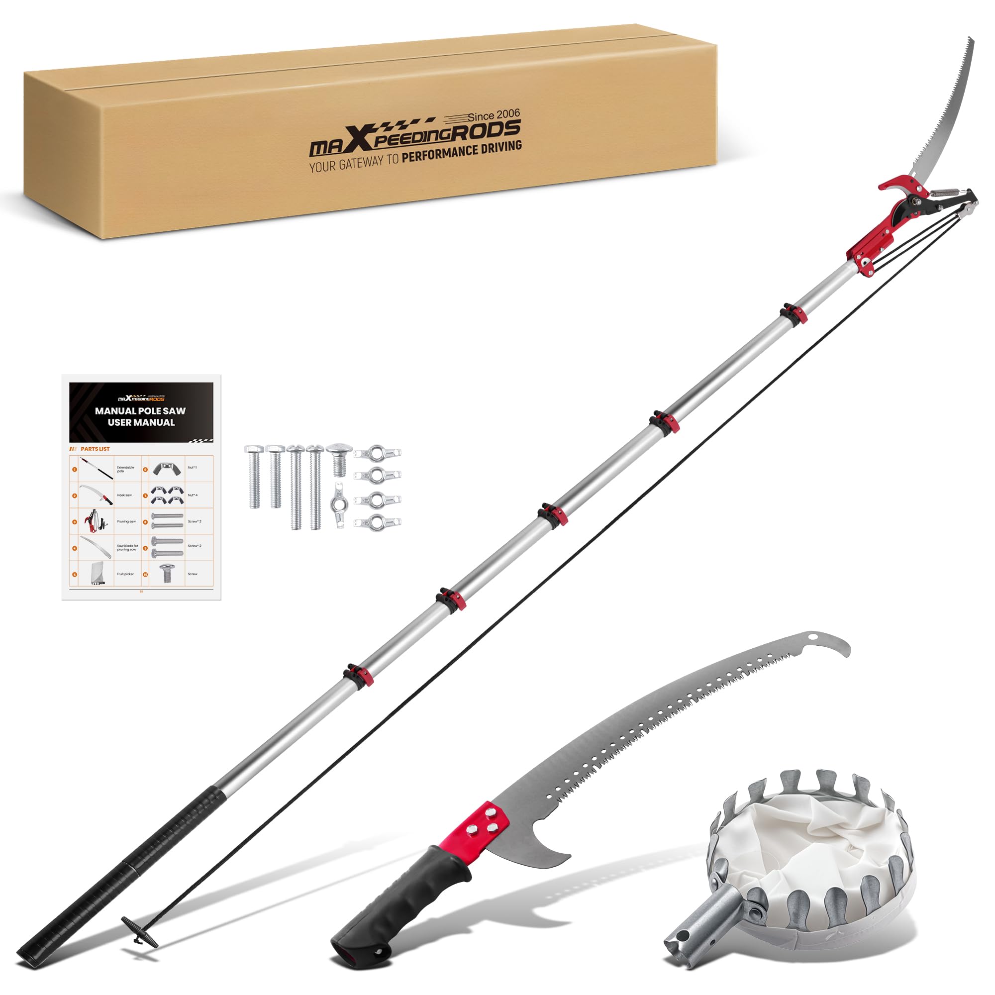 maXpeedingrods Sierra Telescópica Manual para Poda 600cm (1,35-6 m) | Herramienta 4-en-1 con Hoja y Mango Extensible – Sierra de Pértiga y Tijeras de Largo Alcance para Jardín, Huerto y Bosque