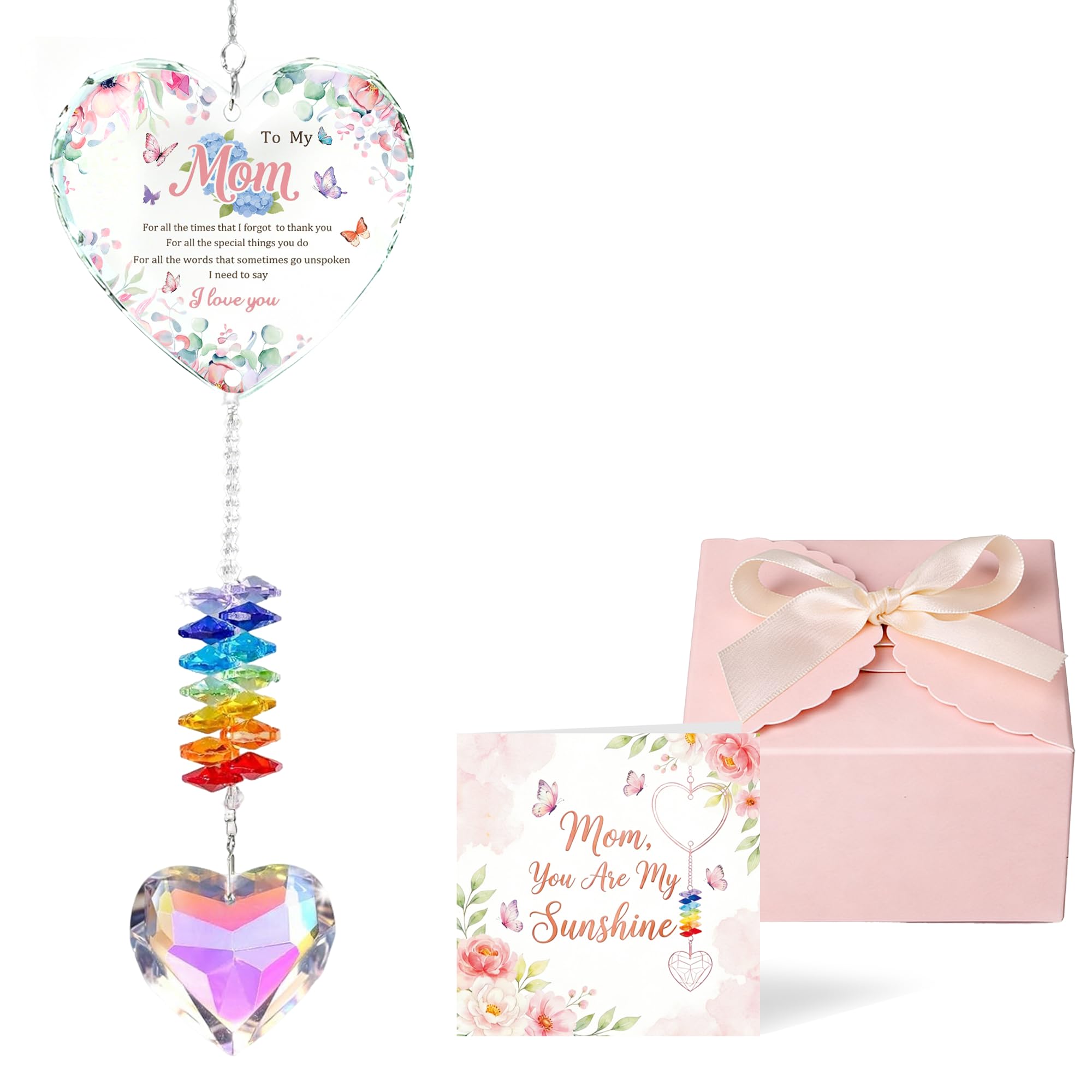 Mom Suncatcher from Daughter Son - Mother's Day Heart Crystal Gift for Mom - Cadeau Fête des Mères - Gift Box & Greeting Card Included