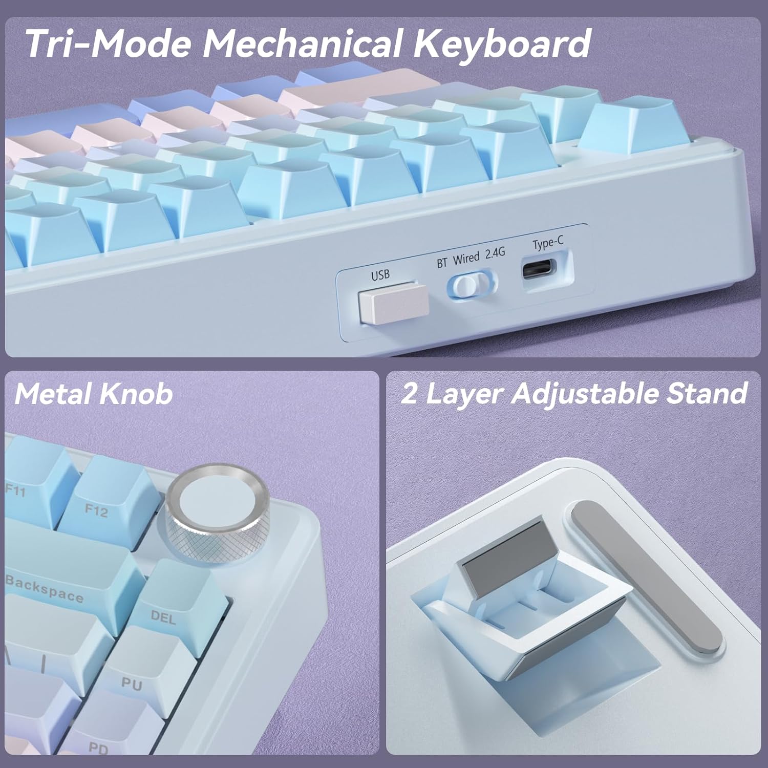 Close-up of the back of the A75 keyboard showing the USB port, Bluetooth/Wired/2.4G toggle switch, and Type-C port.