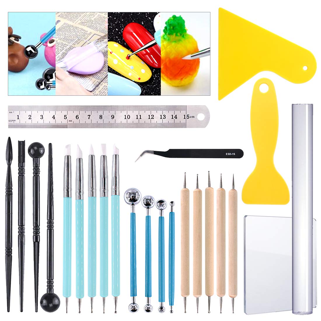 Glarks Set di 24 strumenti per scolpire l'argilla da modellare, tra cui uno stilo a sfera, uno strumento per punteggiare lo stilo a sfera, colorazione, pittura per unghie