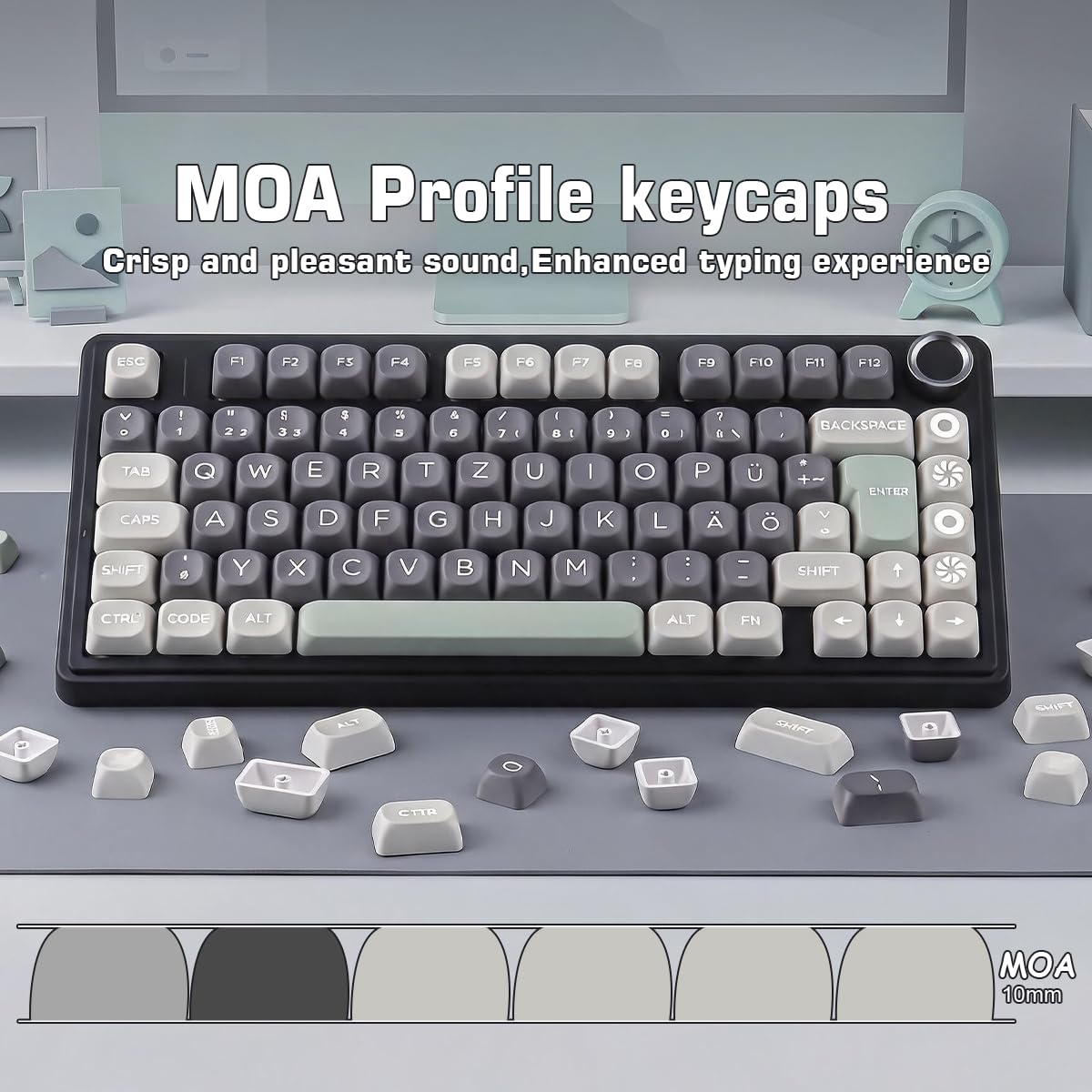 PBT Touches allemandes 131 touches Double Shot Profil MOA Minimaliste Rétro Blanc Gris Vert Touches personnalisées pour Cherry MX Switch ISO QWERTZ Clavier mécanique