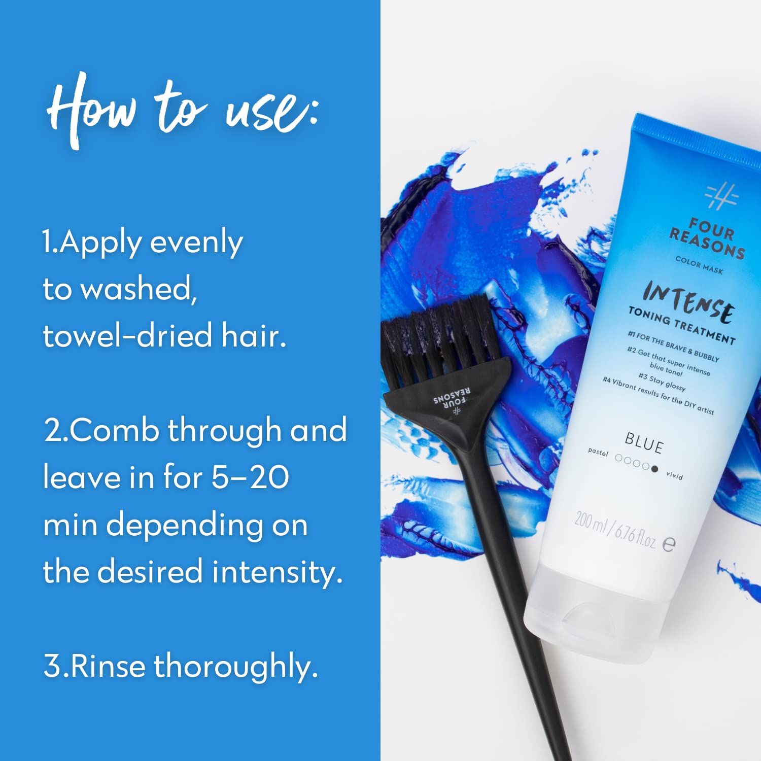 Four Reasons Color Mask INTENSE- Blue – (27 Colors) Intensive Toning Treatment - Color Depositing Conditioner – Semi Permanent Hair Dye for Lightened and Colored Hair– 100% Vegan, 6.76 fl oz - Image 6