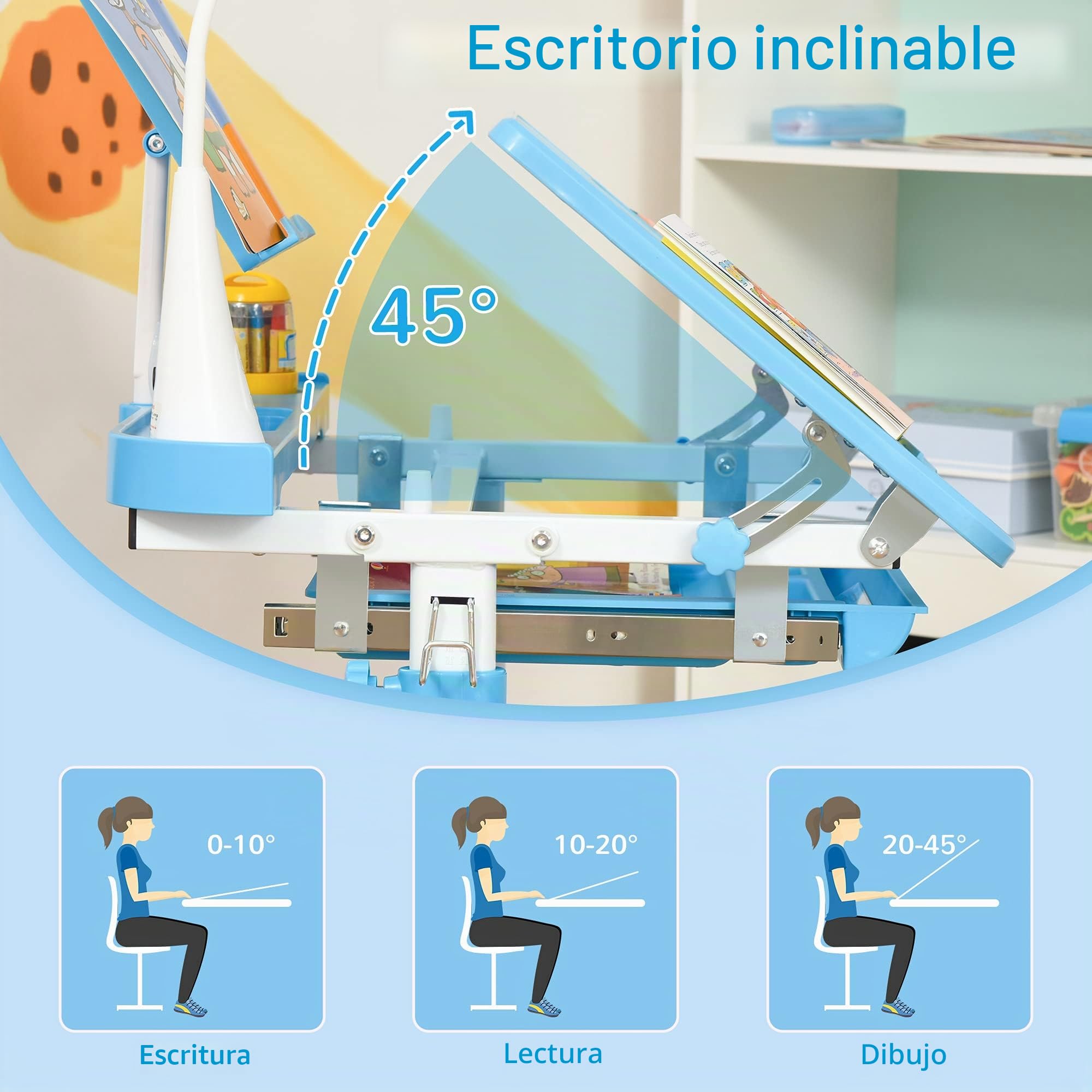 HOMCOM Set Escritorio Silla Estudio Altura Ajustable lámpara USB Azul