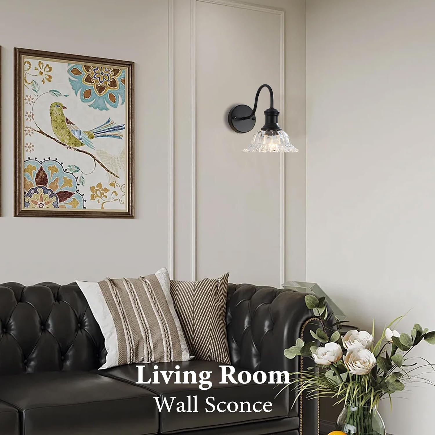 Bathroom Vanity Lights 2 Pack, Black Wall Sconce with Pressed Patterned Glass Lampshade, Farmhouse Wall Light Fixtures for Bathroom, Bedroom, Living Room, Entryway