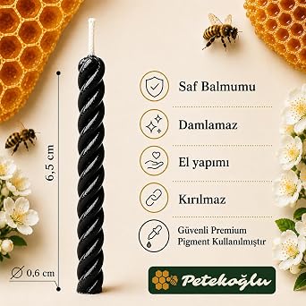 Petekoğlu Siyah Balmumu Mum El Yapımı Küçük Boy Doğum Günü ve Pasta Mumu 12'li 6,5 cm [Enerji Sınıfı A]