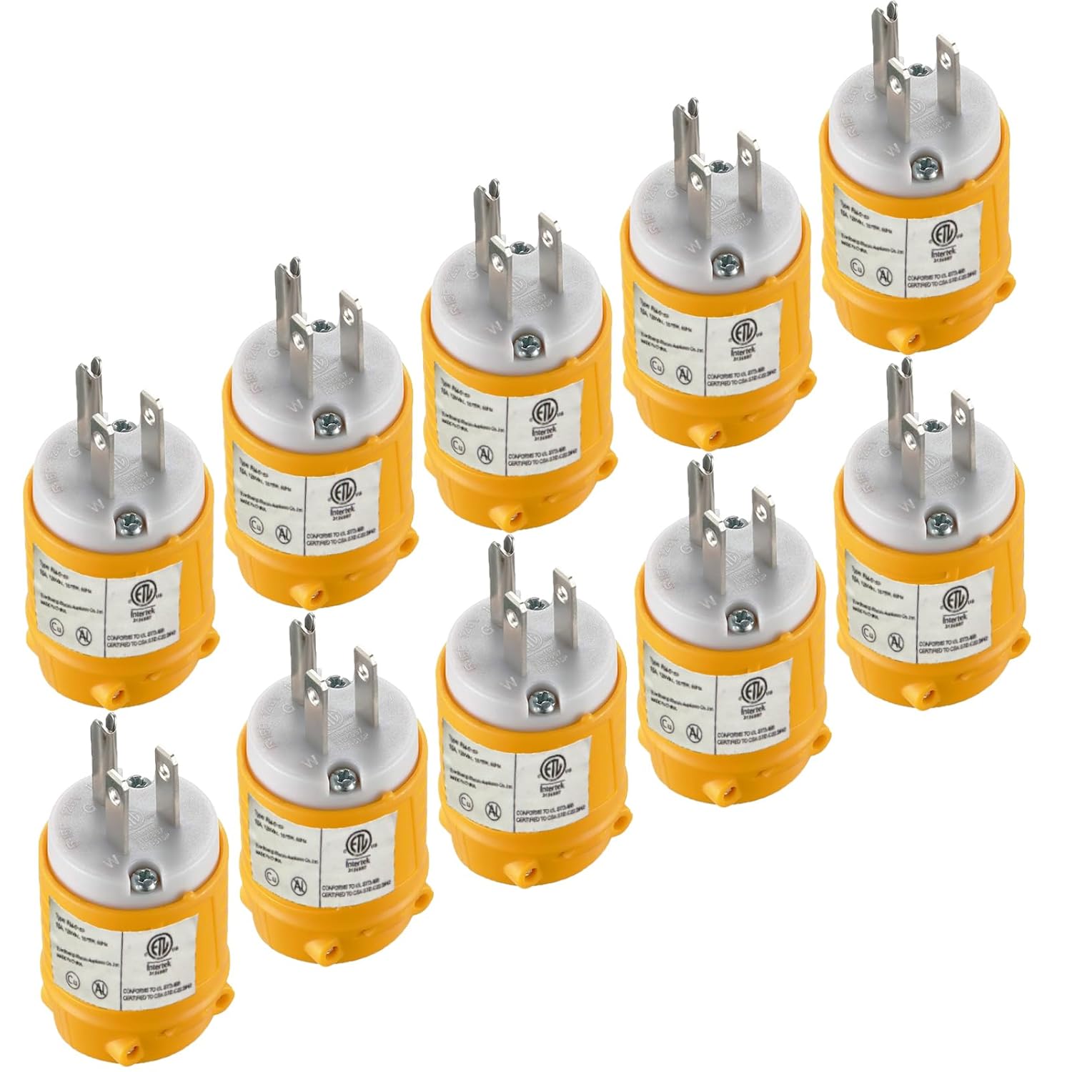 Extension Cord Male Ends 10 Pcs, 15 Amp 125 Volt NEMA 5-15 Heavy Duty Electrical Replacement Plug 3 Prong Industrial Grade Straight Blade Grounding Type, ETL Listed 10 pcs male