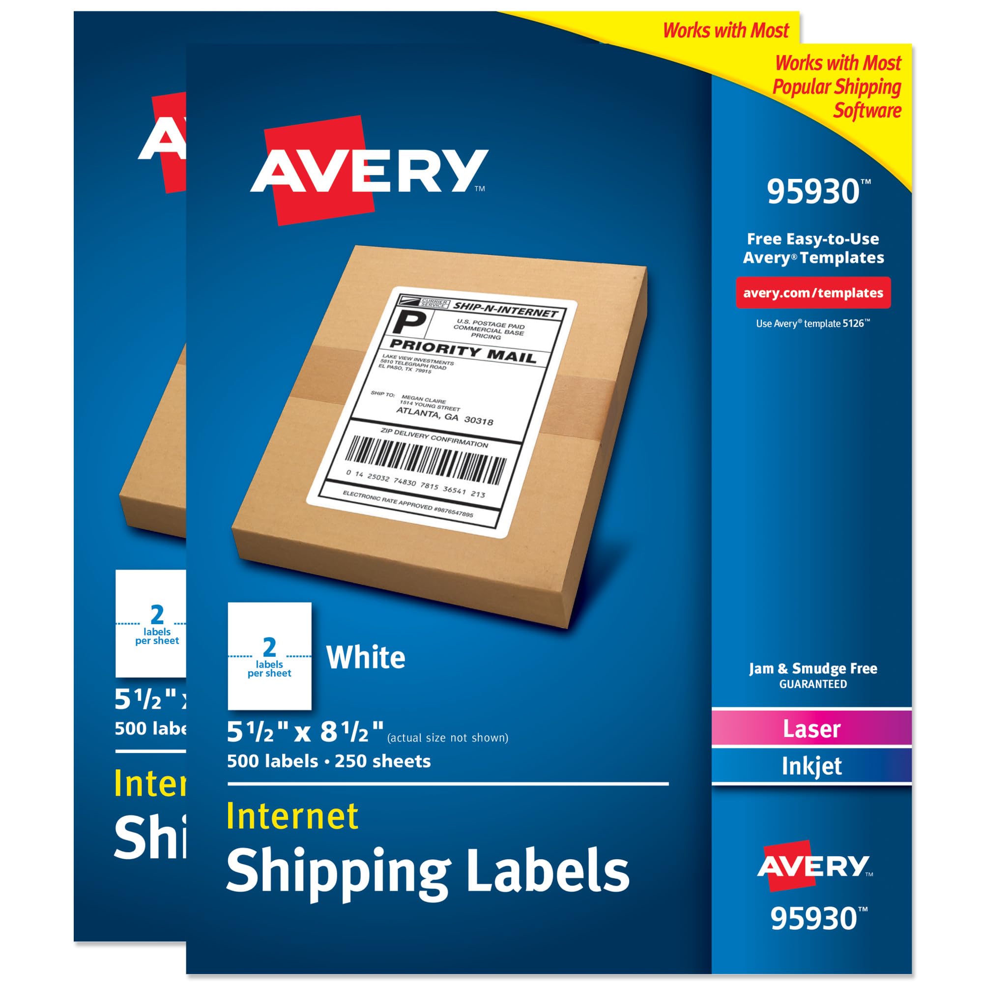 Avery Etichette per indirizzi di spedizione, stampanti laser e a getto d'inchiostro, 500 etichette, etichette per mezzo foglio, permanenti, 2 confezioni (95930)