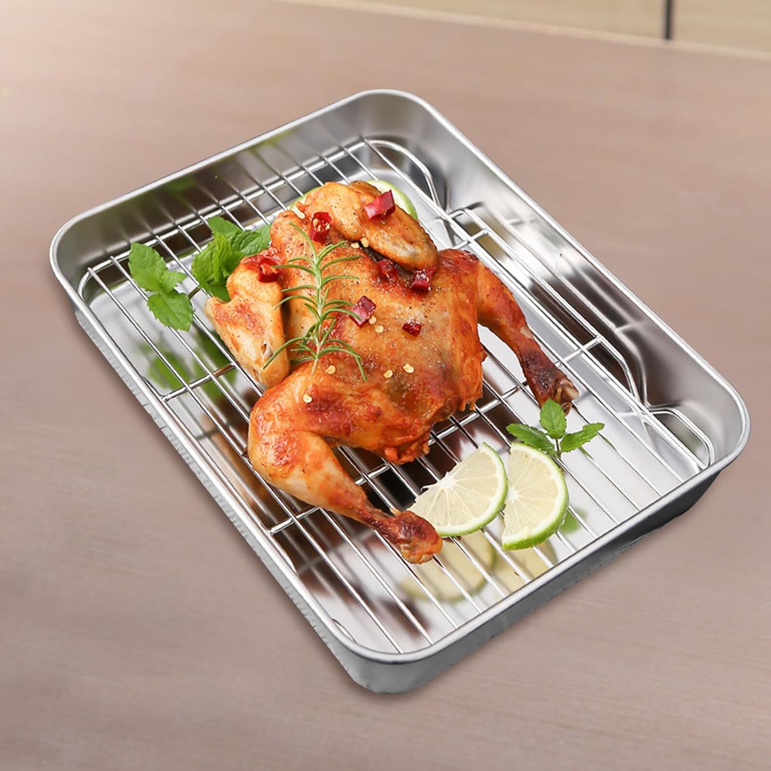 DOITOOL Rectangular Stainless Steel Baking Pan and Wire Rack Set 31x24x5cm Oven Roasting Tray with Lid for Cooking Baking Bbq Kitchen Accessory