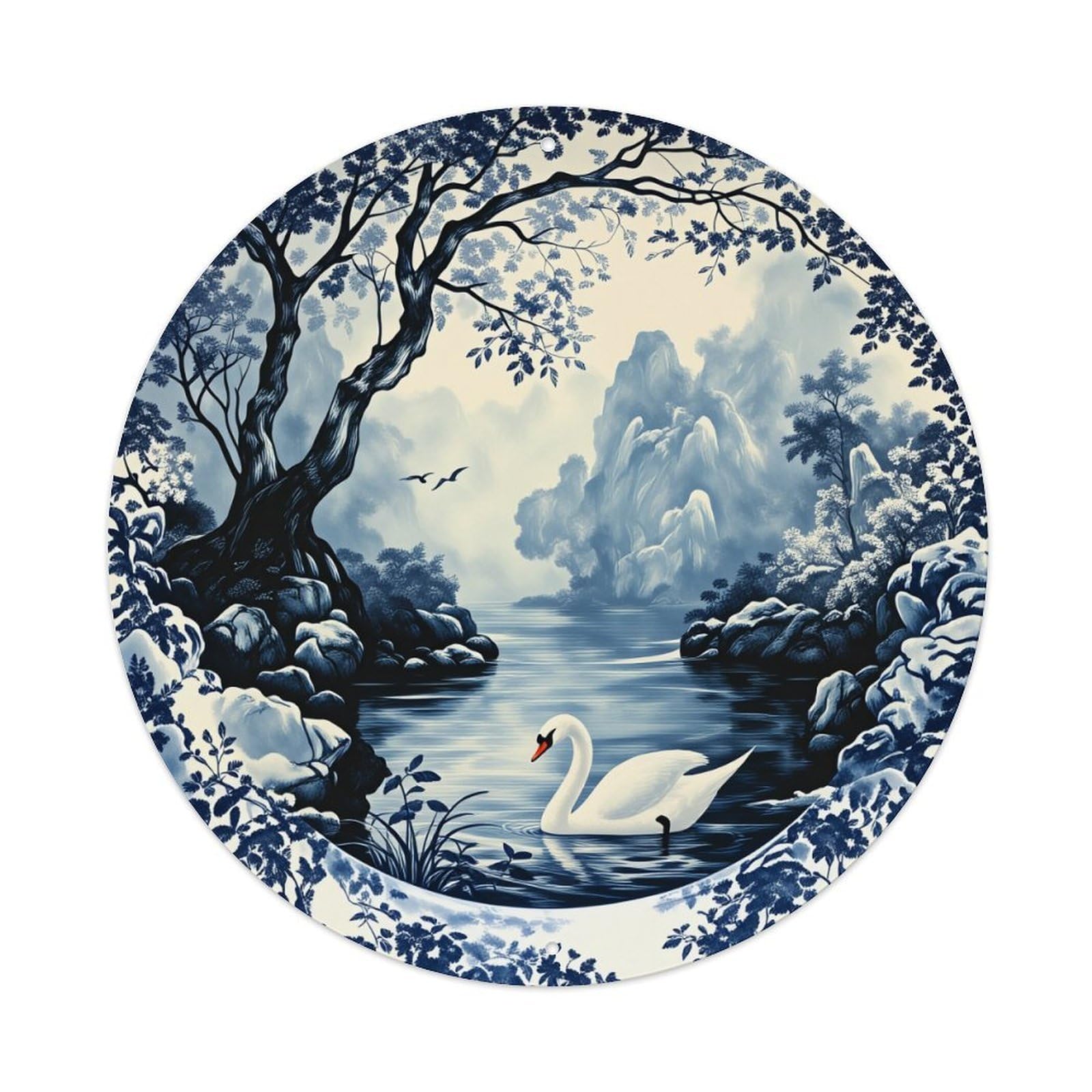 Blue And White Swan Landscape Round Tin Sign Vintage Style Metal Sign Home Bar Garden Wall Plaque Decor Metal Poster 8x8 Inch