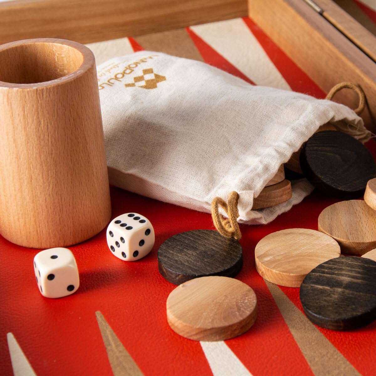 Manopoulos Cinnabar Red 19-inch Backgammon Set with Wooden Case and Leatherette Playing Surface