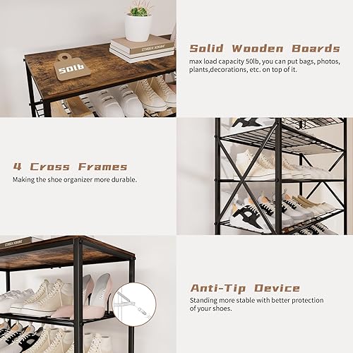 Miniatura 6 de Zapatero de metal de 8 niveles para 32 pares, organizador de zapatos resistente con parte superior de madera rústica, almacenamiento de zapatos de