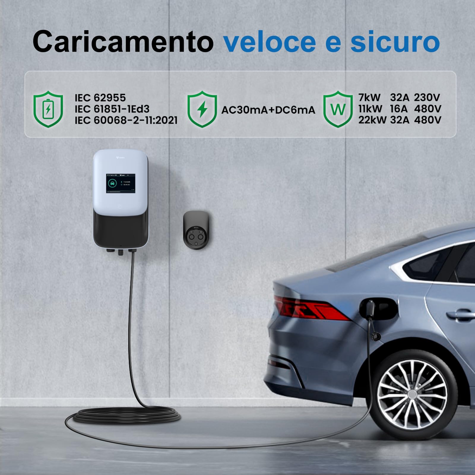 GONEO Wallbox 11kW Stazione di Ricarica 8A-16A per veicoli elettrici 480V Trifase OCPP con cavo da 5m con Scheda RFID IP65 IK10 Protezione Wi-Fi APP Carica Appuntamento