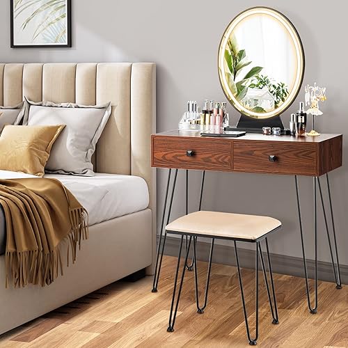 Miniatura 9 de KOTEK Juego de mesa de tocador con espejo iluminado, escritorio de maquillaje con taburete acolchado, espejo regulable de pantalla táctil de 3