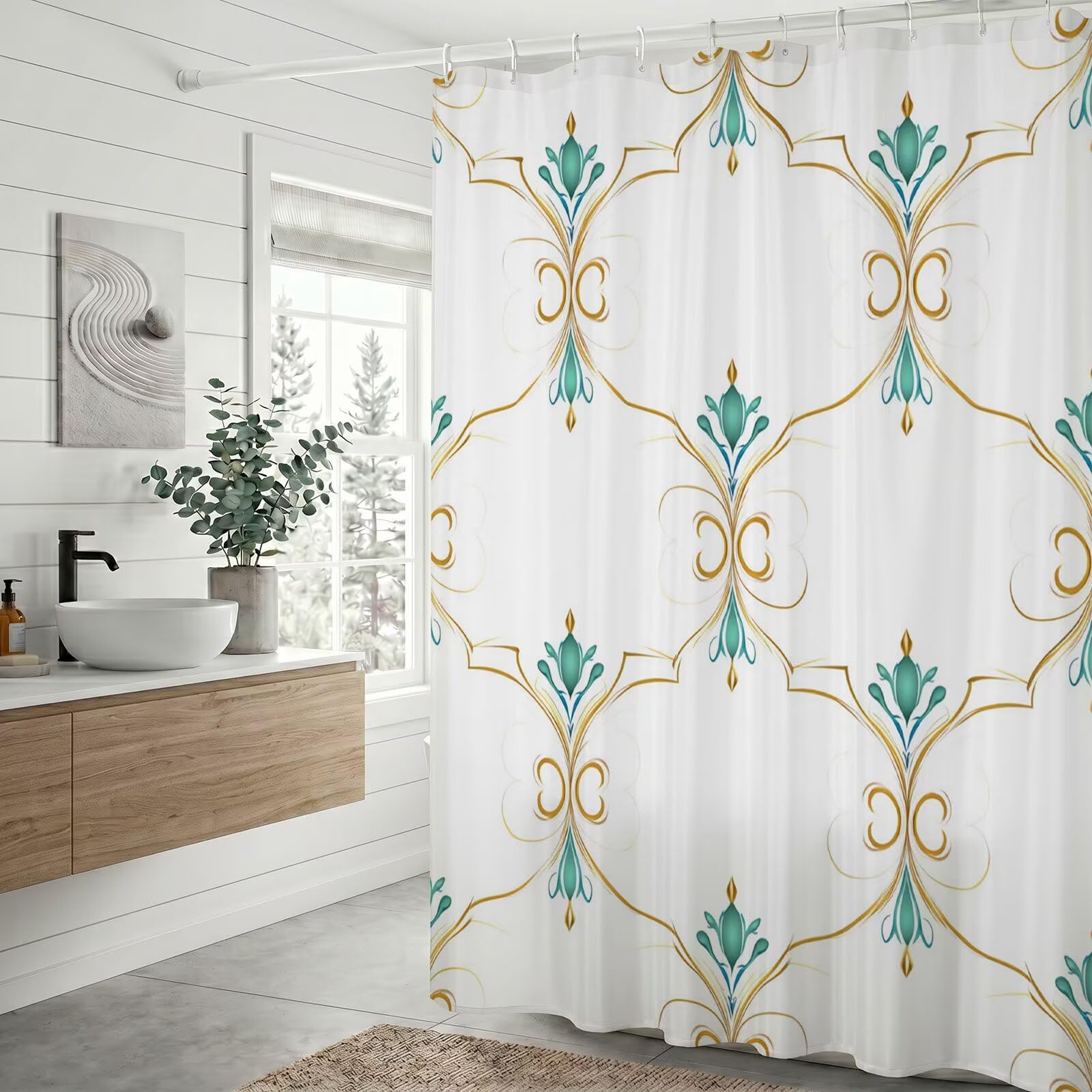 Duschvorhang 300 x 200 cm Stoff für Badezimmer & Badewanne, Wasserabweisend Duschvorhänge mit Beschwerter Saum, Blickdicht Textil Vorhang Polyester Waschbar inkl Ringe (Türkis Einfach), Q-o854