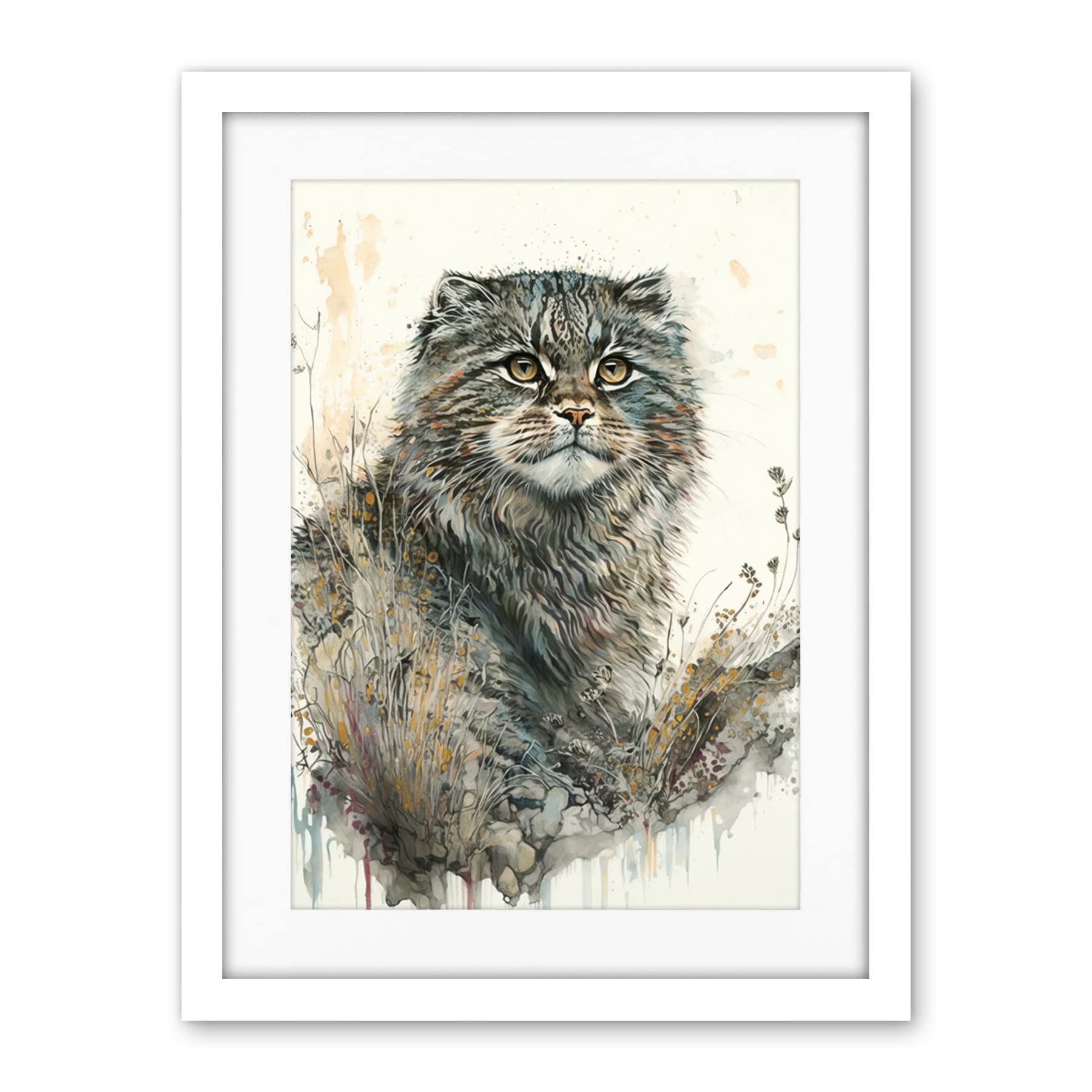 Artery8 Manul Pallas Cat Portrait in Wildflowers Watercolour Illustration Artwork Framed Wall Art Print 18X24 Inch