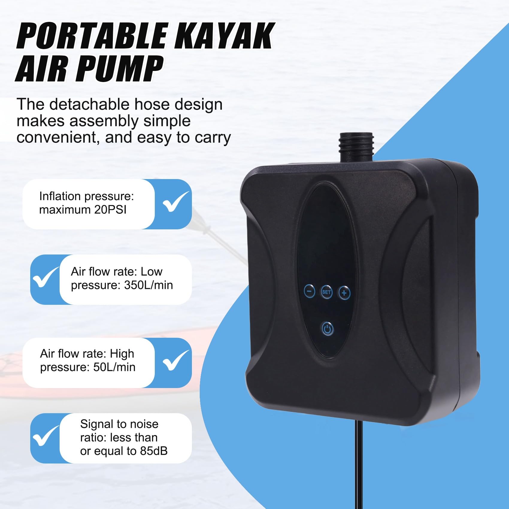 Inflador de aire portátil de 20 PSI con 6 adaptadores