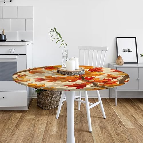 Vista 442 de Pardick Mantel redondo elástico con diseño de hojas de otoño, mantel redondo ajustable de 36 a 42 pulgadas, mantel circular impermeable, lavable