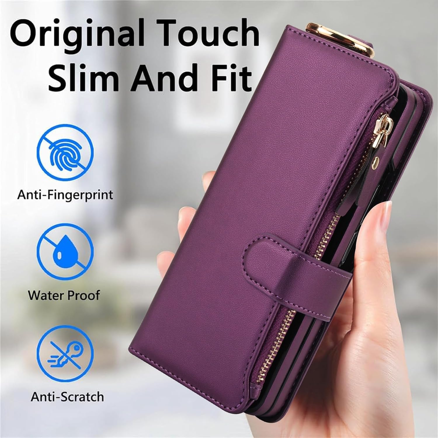 for Samsung Galaxy Z Fold 7 Wallet Case with 3 Credit Card Slots and Cash Slot Zipper Pocket,Wristband and Ring, RFID Blocking Multi Card Function Magnetic Clasp Kickstand.(DeepPurple)