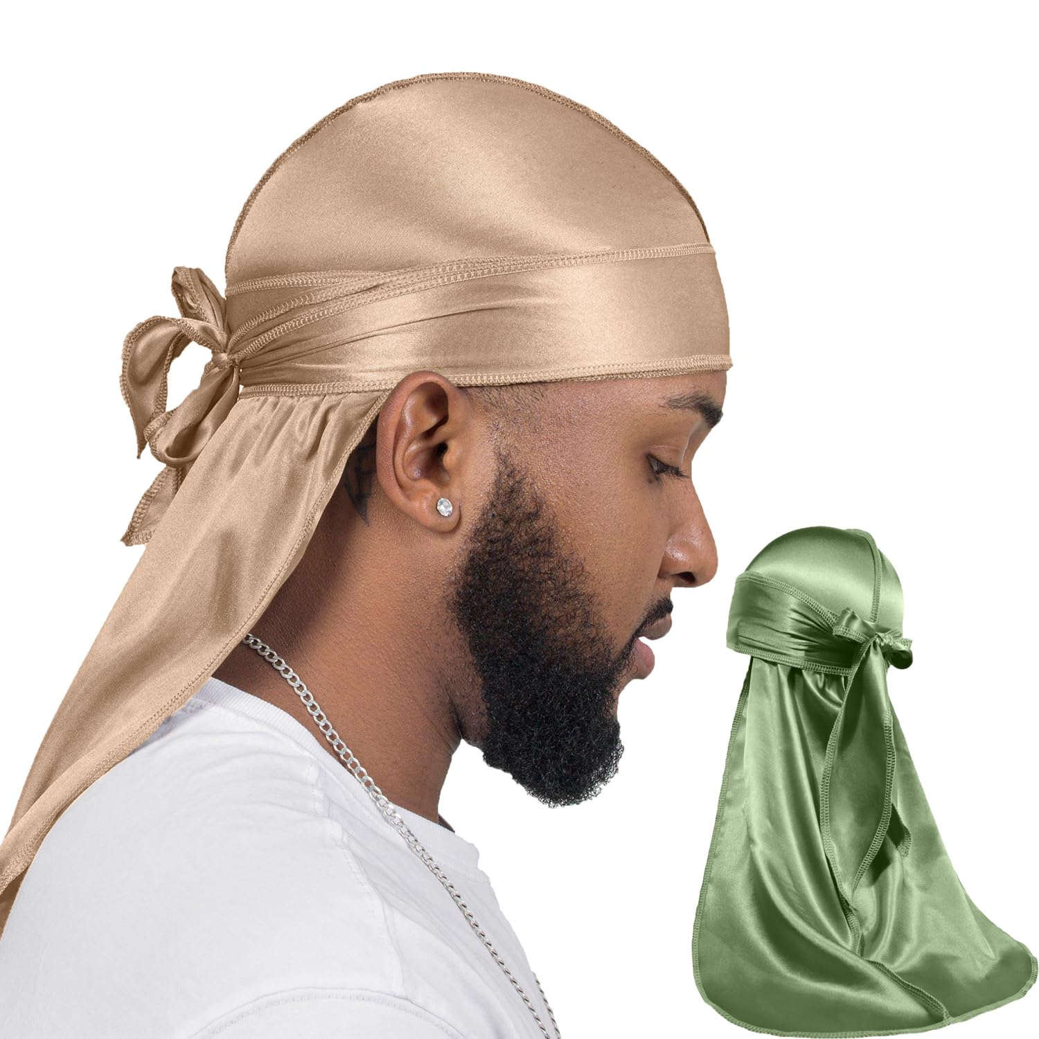 ForceWave 2 Pieces Silky Durag Pack for Men Women Waves, Premium Satin Deluxe Du-rag (Champagne+Sage)