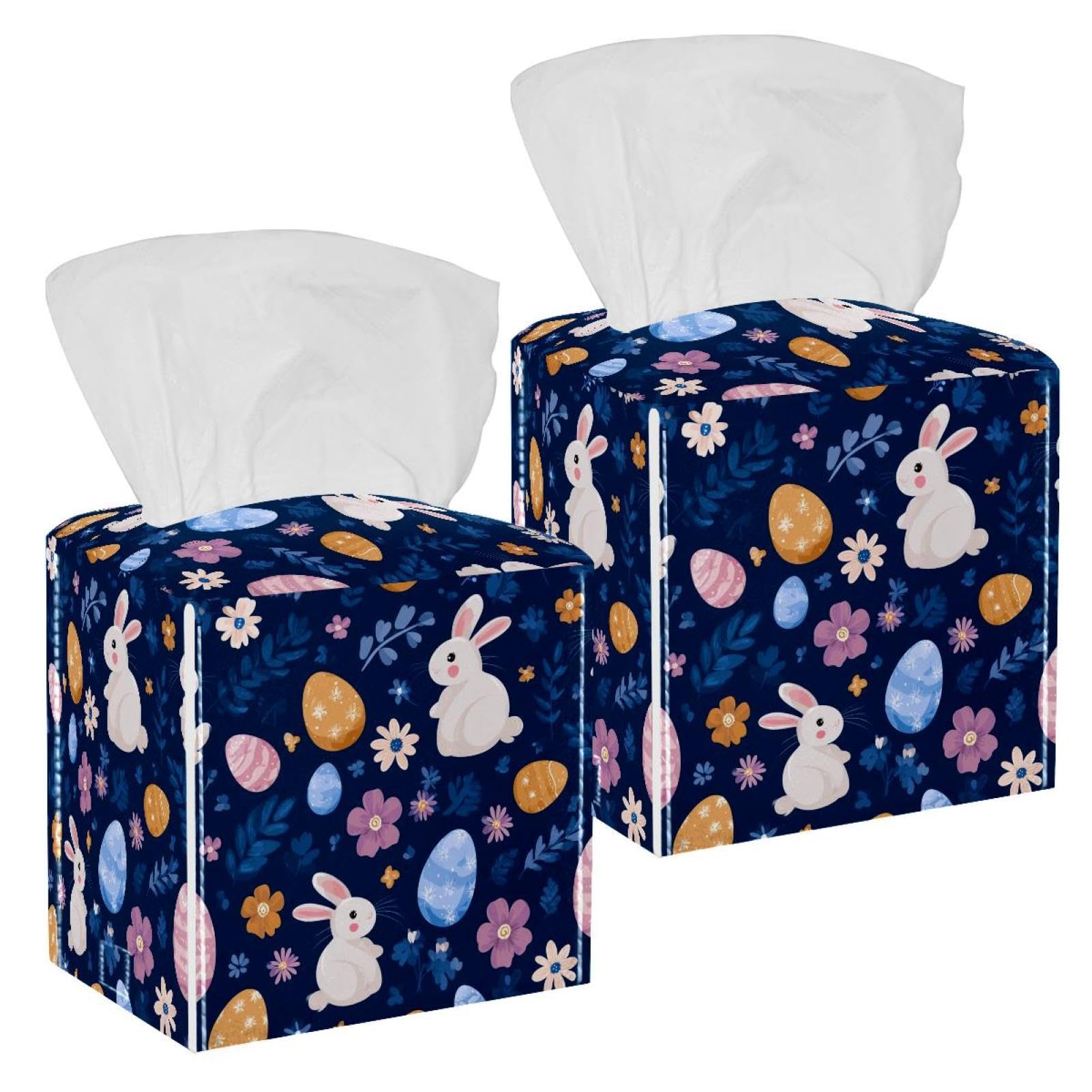 Easter Egg Tissue Box Cover, 2 Pack PU Leather Square Facial Tissue Dispenser Box holder for Home Office Car