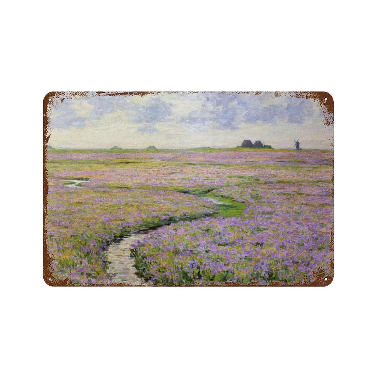xiaoxiaoshen Wildflower Field Landscape Oil Painting, Purple And Blue Rural Style Wall Decor Art Metal Tin Poster Modern Home Decor Art Home Bar Shop Decorations Vintage Sign 20x30cm