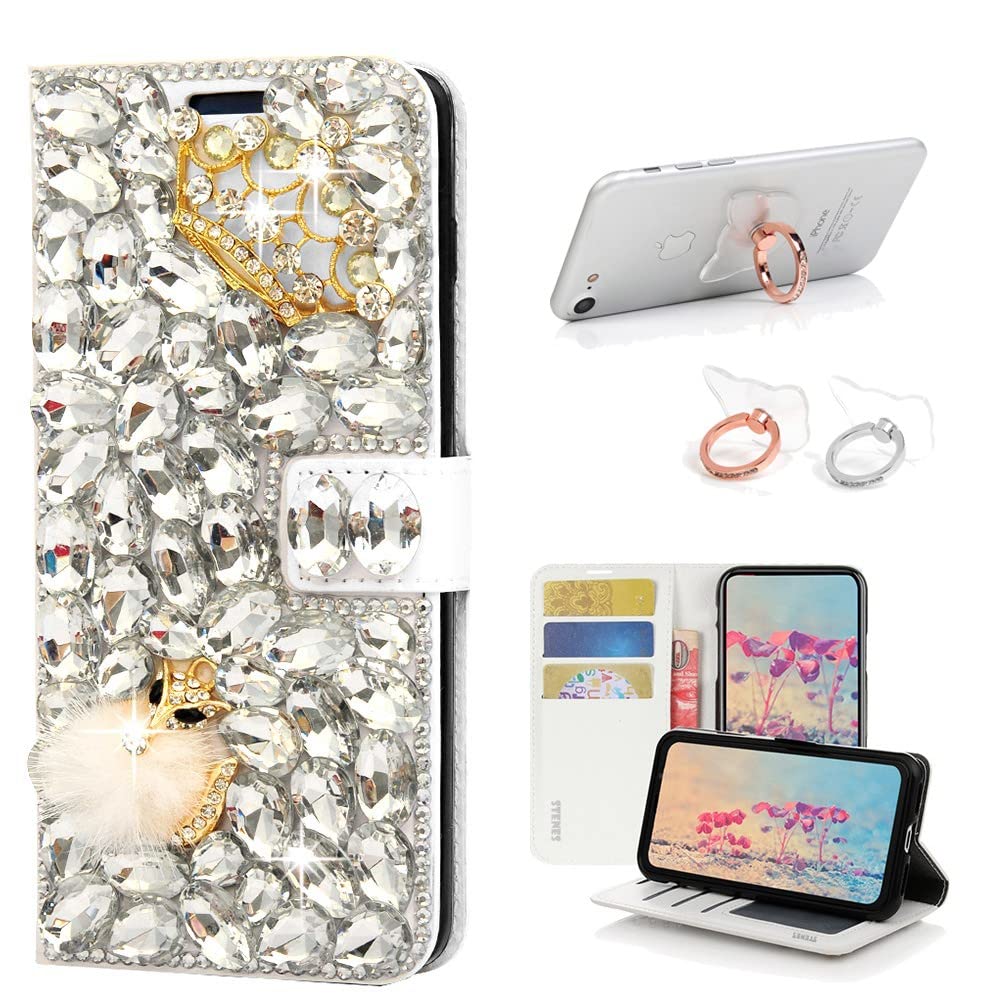 STENES Bling Wallet Phone Case Compatible with Samsung Galaxy S25 Plus 5G Case - Stylish - 3D Handmade Crystal Crown Fox Magnetic Wallet Leather Cover with Ring Stand Holder [2 Pack] - White
