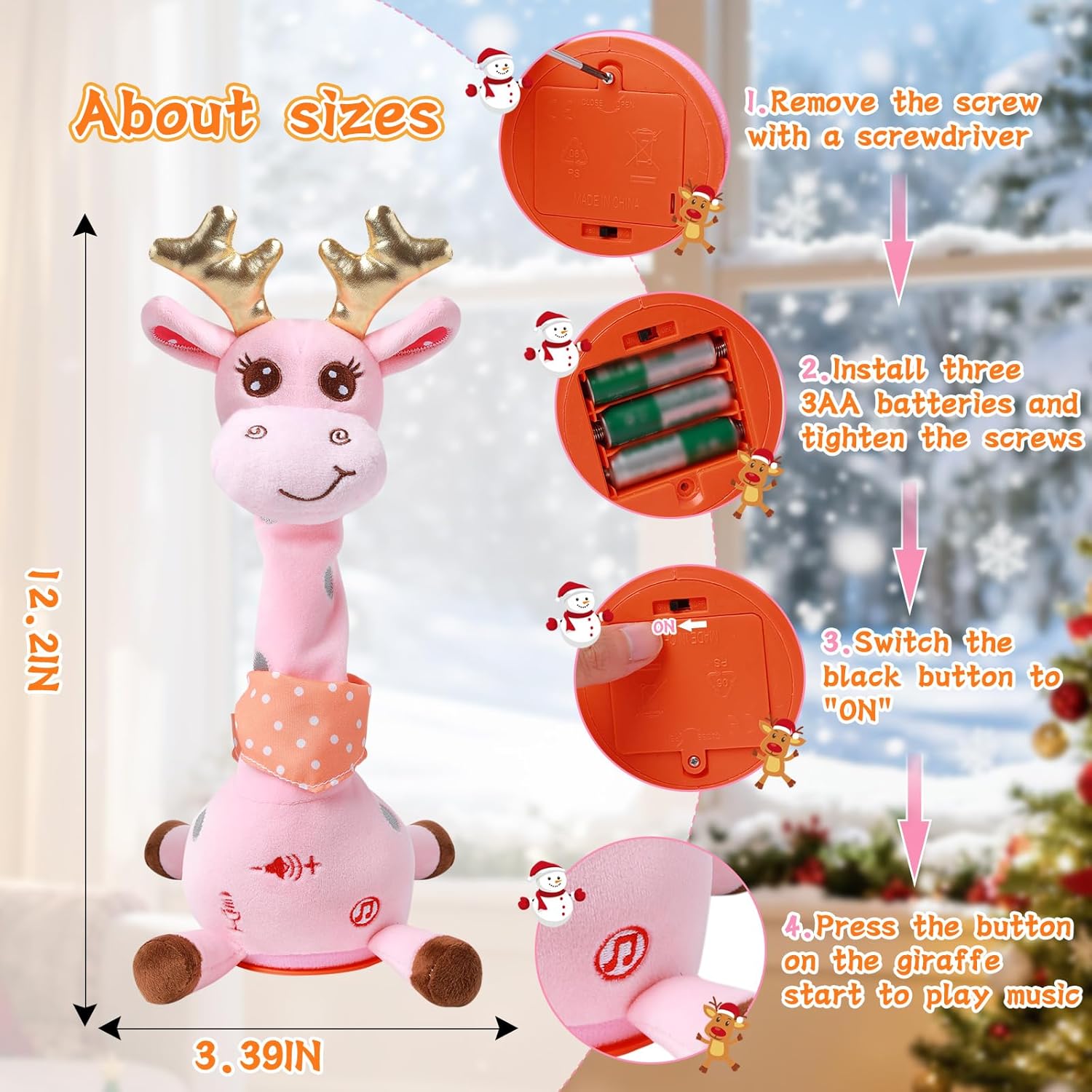 LUKETURE Dancing Talking Singing Pink Giraffe Stuffed Plush with Golden Antlers,Interactive Stuffed Animal Toy, Musical Plush with Record & Repeat, Sings 10 Songs, LED Lights