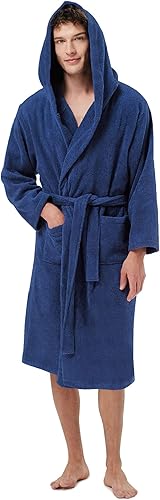 SIORO Mens Terry Cloth Robe Cotton Hooded Bathrobe Towel Soft Fluffy Long Sleeves Bath Robes Knee Length Housecoat